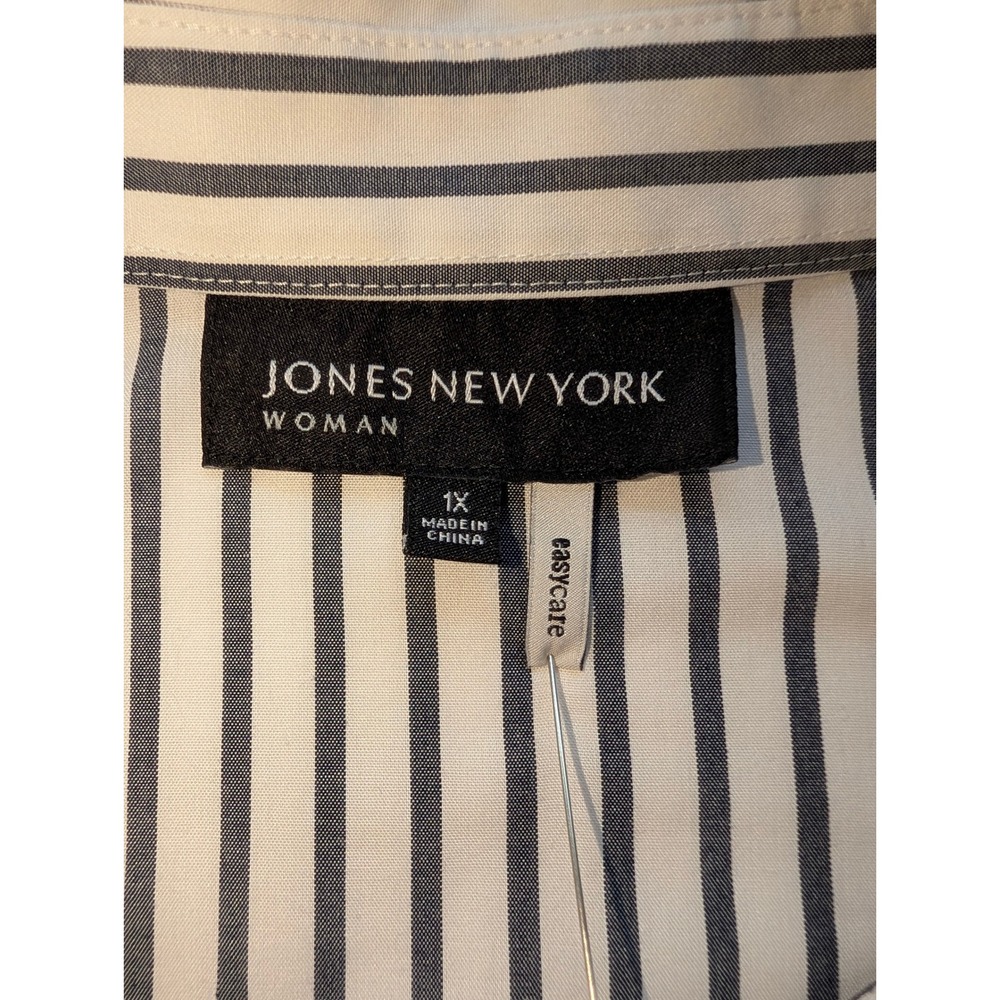 Jones New York Woman 1X Striped Button Down Shirt Short Sleeve Cotton white grey - Picture 4 of 5